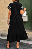 Embroidered V-Neck Short Sleeved Ruffled Dress