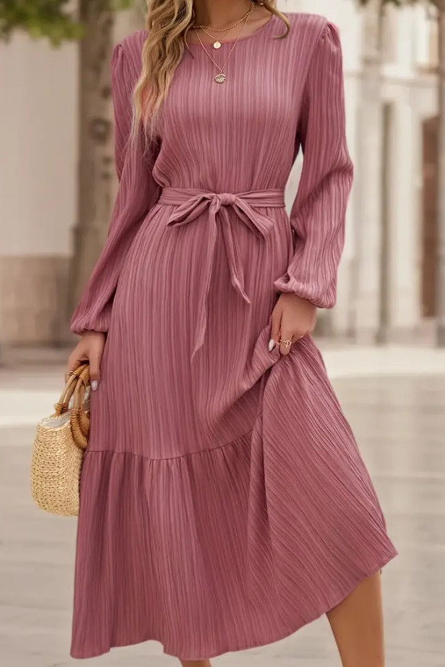 Round Neck Lace Up Solid Color Long Sleeved Dress