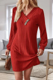 Solid Color V-Neck Long Sleeved Knitted Dress