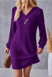 Solid Color V-Neck Long Sleeved Knitted Dress