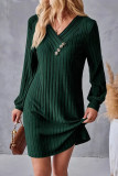 Solid Color V-Neck Long Sleeved Knitted Dress
