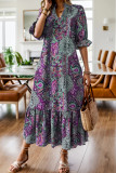 Large Size Vintage Printed V-Neck Ruffle Edge Dress