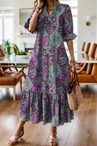 Large Size Vintage Printed V-Neck Ruffle Edge Dress