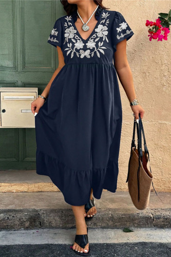 Embroidered V-Neck Short Sleeved Ruffled Dress