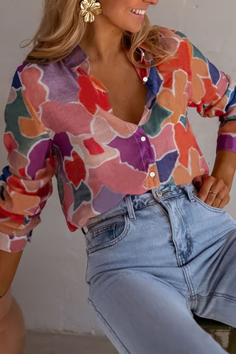 Countryside Style Printed Polo Collar Long Sleeved Shirt