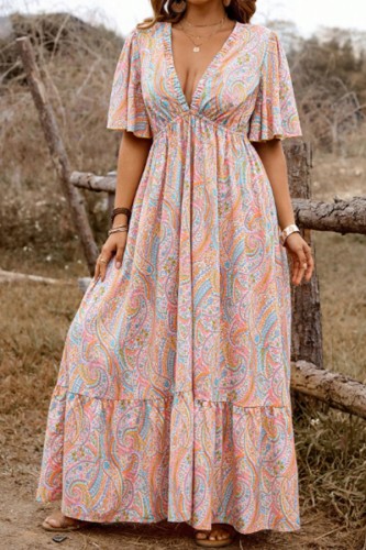 Bohemian Retro V-Neck Short Sleeved Dress