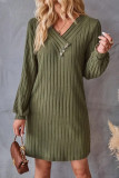 Solid Color V-Neck Long Sleeved Knitted Dress