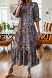 Large Size Vintage Printed V-Neck Ruffle Edge Dress