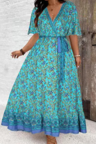 Retro Printed V-Neck Short Sleeved Waist Dress