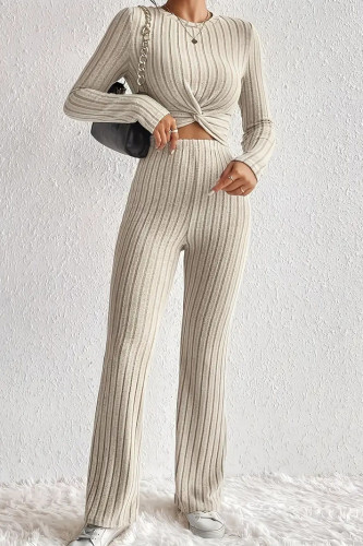 Solid Color Long Sleeved Top Flared Pants Two-Piece Set