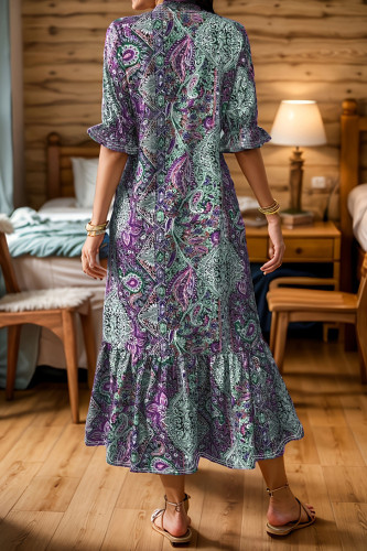 Large Size Vintage Printed V-Neck Ruffle Edge Dress