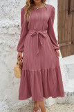 Round Neck Lace Up Solid Color Long Sleeved Dress
