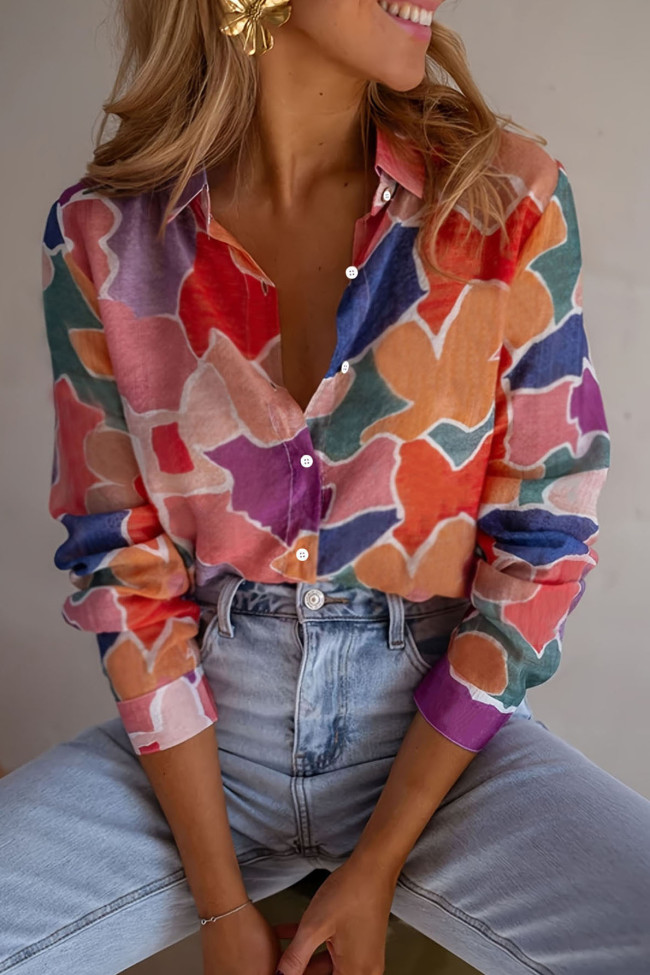 Countryside Style Printed Polo Collar Long Sleeved Shirt
