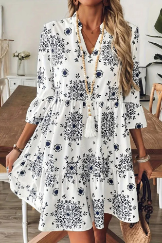 V-Neck Printed Ruffled Seven Quarter Sleeve Dress