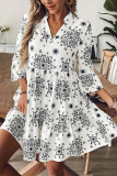 V-Neck Printed Ruffled Seven Quarter Sleeve Dress