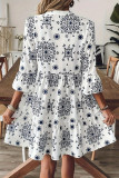 V-Neck Printed Ruffled Seven Quarter Sleeve Dress