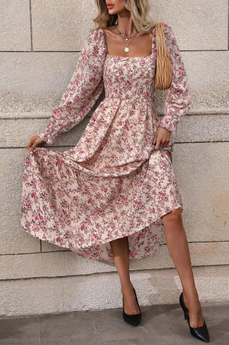Floral Long Sleeved Square Neck Waist Cinching Dress