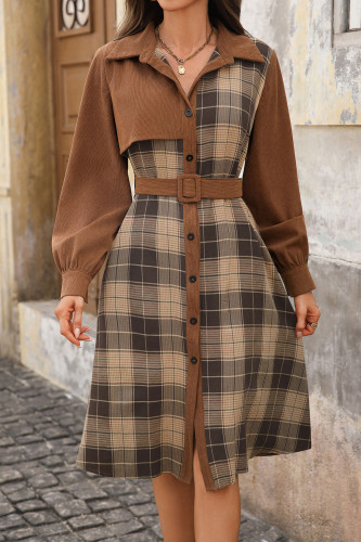 Retro Lapel Plaid Printed Long Sleeved Dress