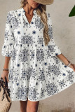 V-Neck Printed Ruffled Seven Quarter Sleeve Dress