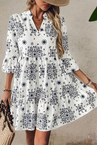 V-Neck Printed Ruffled Seven Quarter Sleeve Dress