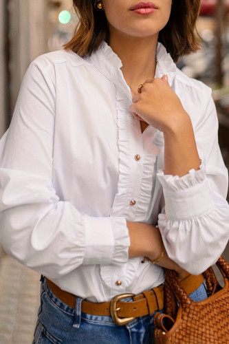 Solid Color Stand Collar Ruffled Long Sleeved Shirt