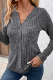 V-Neck Loose Long Sleeved Button T-Shirt