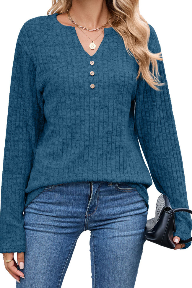 V-Neck Button Loose Long Sleeved T-Shirt