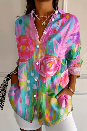 Lapel Flower Print Long Sleeved Shirt