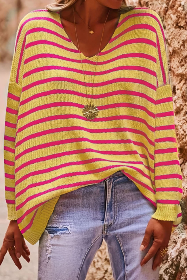 V-Neck Striped Printed Knitted Long Sleeved Sweater