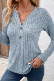 V-Neck Loose Long Sleeved Button T-Shirt