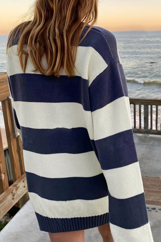 Striped Printed Round Neck Long Sleeved Sweater