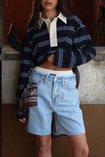 Loose Striped Polo Neck Long Sleeved Shirt