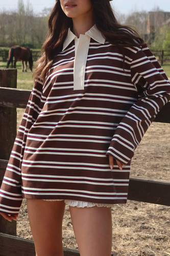 Loose Striped Polo Neck Long Sleeved Shirt