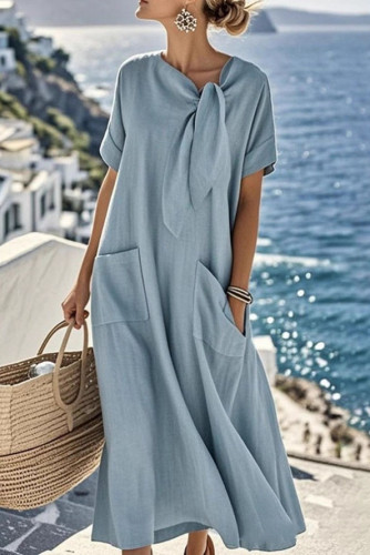 Bow Pocket Short Sleeved Loose Dress