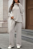 High Neck Long Sleeved Top Straight Leg Pants Two-Piece Set