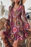 Printed Ruffled V-Neck Long Sleeved Dress