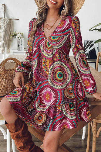 Printed Ruffled V-Neck Long Sleeved Dress