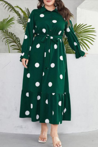 Polka Dot Ruffled Long Sleeved Lapel Dress