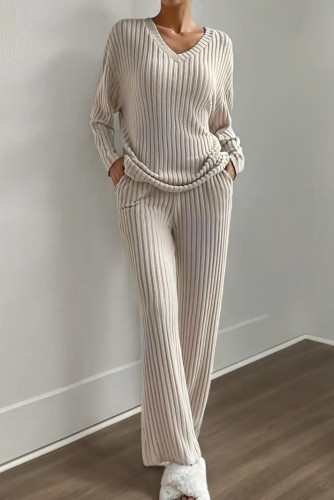 Solid Color Long Sleeved Top Straight Leg Pants Two-Piece Set