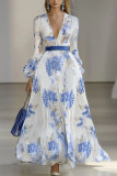 Deep V-Neck Long Sleeved Printed Waist Cinching Dress