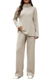 High Neck Long Sleeved Top Straight Leg Pants Two-Piece Set