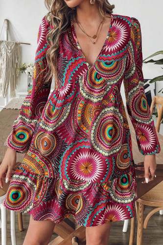 Printed Ruffled V-Neck Long Sleeved Dress