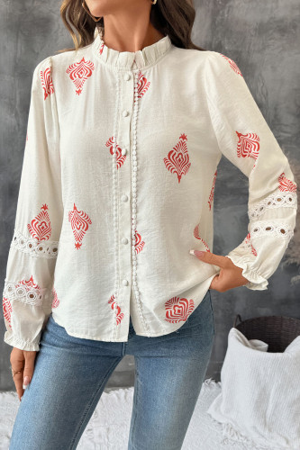 Ethnic Style Printed Ruffle Edge Long Sleeved Shirt