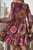 Printed Ruffled V-Neck Long Sleeved Dress