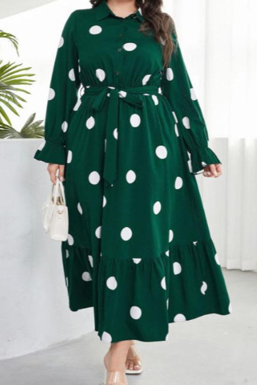 Polka Dot Ruffled Long Sleeved Lapel Dress
