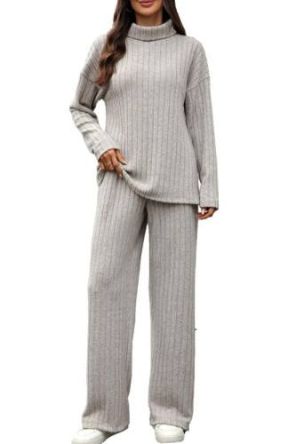 High Neck Long Sleeved Top Straight Leg Pants Two-Piece Set