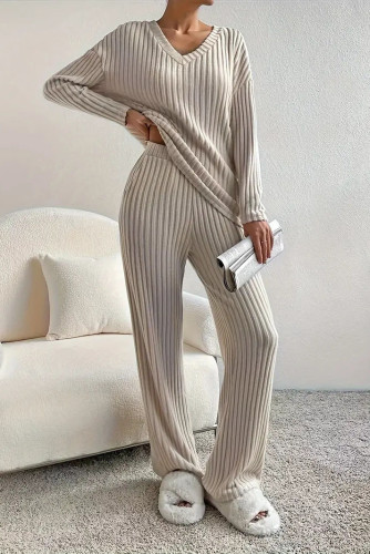 Solid Color Long Sleeved Top Straight Leg Pants Two-Piece Set