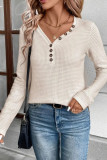 V-Neck Button Pineapple Grid Long Sleeved T-shirt