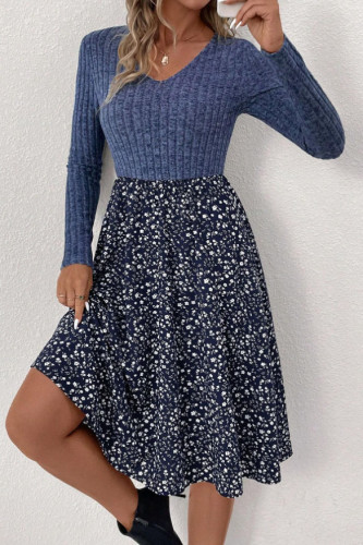 Small Floral Print Patchwork Long Sleeved Dress