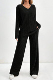 V-Neck Long Sleeved Top Straight Leg Pants Two-Piece Set